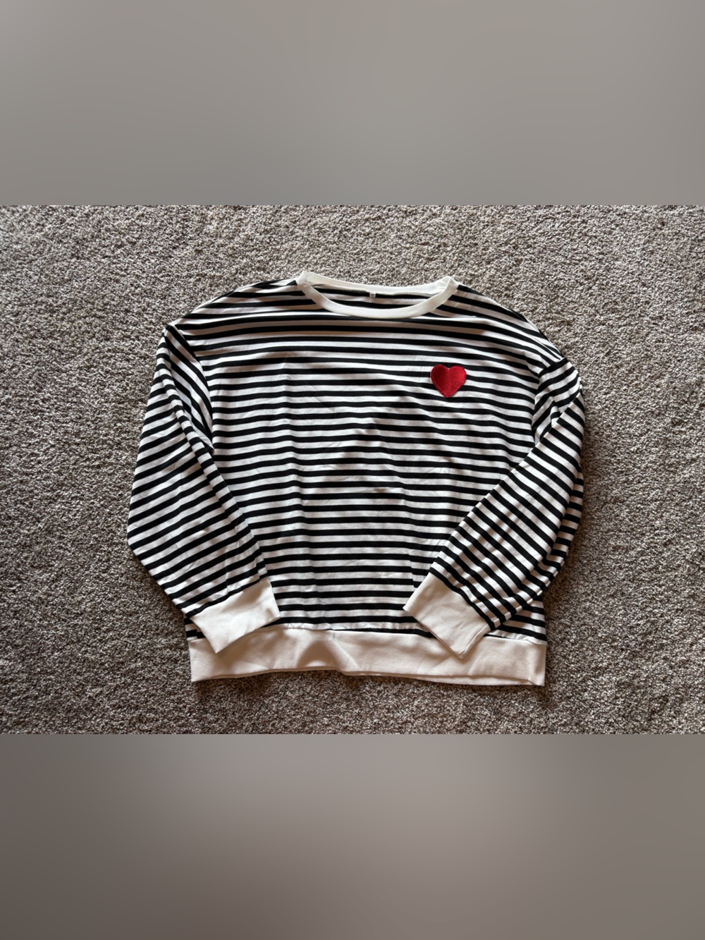 Striped Black & White Crewneck with Red Heart Accent